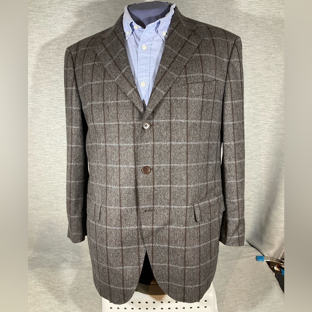 Classic Gray and Brown Cashmere Blend Windowpane Plaid Men's Blazer, 46